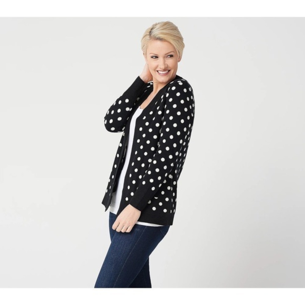 Isaac Mizrahi Live!‎ Jacquard Cardigan Black White Polka Dot Size XXS